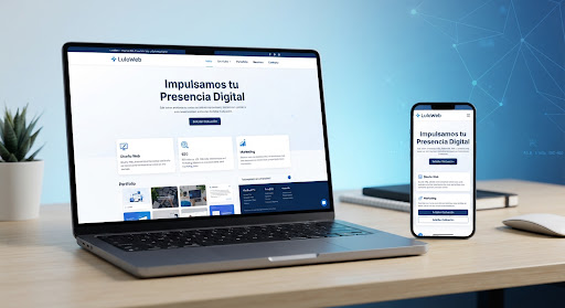 Computador y celular mostrando un sitio web de Lulo Web con servicios y botón de contacto